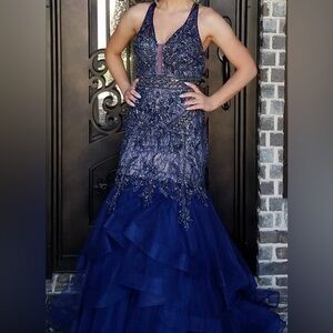JVN by Jovani Navy Beaded Mermaid Maxi Dress